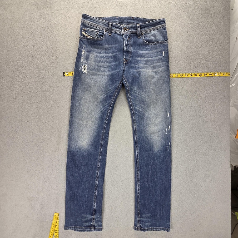 Diesel Jeans Mens 31x32 Blue Waykee Regular Straight Distressed Button Fly 0833F